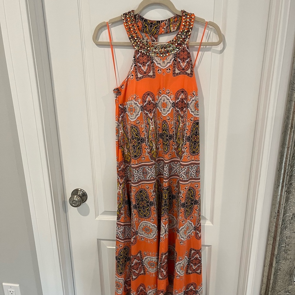 Beaded orange halter midi dress